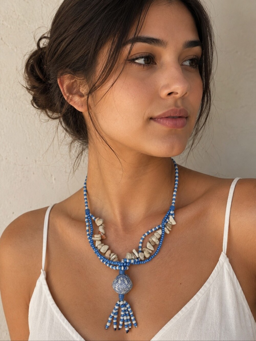 Blue & White Necklace Beaded Boho Multi Strand Large Artisan Clay Pendant Tassel